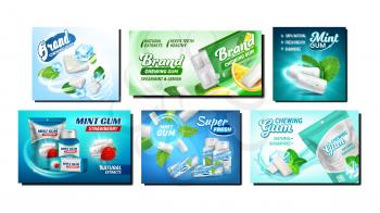 Chewing Gum Creative Promotion Posters Set Vector. Gum With Mint And Strawberry, Spearmint And Lemon Taste Blank Containers And Packages On Advertising Banners. Style Concept Template Illustrations