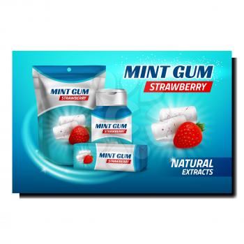 Mint Strawberry Gum Creative Promo Poster Vector. Bubble Gum With Natural Ripe Berry Taste Blank Bottle, Package And Bag On Advertising Banner. Chewy Candy Style Concept Template Illustration