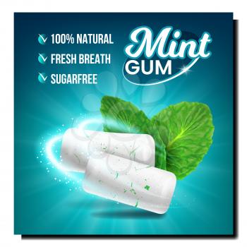 Mint Bubble Gum Creative Promotion Poster Vector. Chewing Gum Pieces And Natural Fresh Green Leaves On Advertising Banner. Dental Care And Fresh Breath Style Concept Template Illustration
