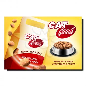 Cat Food Blank Package Promotional Banner Vector. Cat Food In Metallic Plate And Paper Bag On Advertise Poster. Nutrition Prepared From Fresh Vegetables And Fruits Style Concept Template Illustration