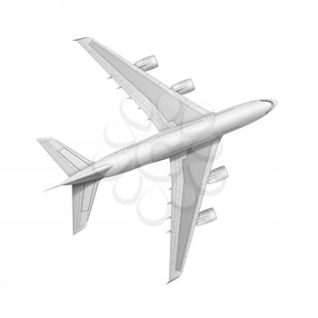 Plane aircraft flight vector. white plane fly in sky. air transport. passenger aeroplane top. 3d realistic illustration