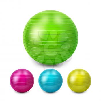 Pilates Ball For Training Fit Exercise Set Vector. Multicolor Pilates Ball For Exercising Fitness In Gym. Athlete Accessory For Physical Wellness And Healthcare Template Realistic 3d Illustrations