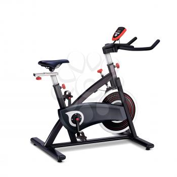 Exercise Bike Sport Equipment For Training Vector. Exercise Bike Sportive Gym Tool For Cycling And Exercising Fitness. Bicyclist Athlete Cardio Device Template Realistic 3d Illustration