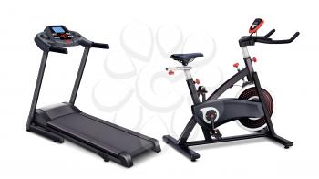 Exercise Bike And Treadmill Sport Tools Set Vector. Exercising Bicycle And Treadmill Sportive Gym Equipment For Training Body Muscle And Healthcare. Cardio Devices Template Realistic 3d Illustrations