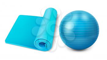 Fitness Mat And Pilates Ball Accessory Set Vector. Fit Mattress And Rubber Ball For Training Sport Exercise In Gym. Gymnastic Sportive Tools For Aerobic Template Realistic 3d Illustrations