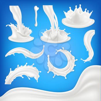 Milk Splash Set Vector. White Wave, Drop, Blots Liquid. Food Drink Natural Eco Healthy Product. Pouring Product Design Element. Realistic Illustration