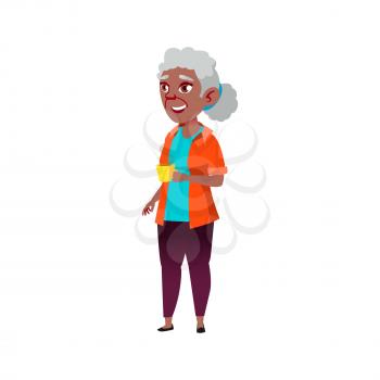 happy mature age woman drinking hot chocolate on backyard cartoon vector. happy mature age woman drinking hot chocolate on backyard character. isolated flat cartoon illustration