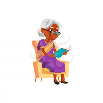mature age india woman reading recipe book in living room chair cartoon vector. mature age india woman reading recipe book in living room chair character. isolated flat cartoon illustration