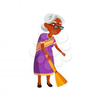 indian lady senior sweeping floor with broom cartoon vector. indian lady senior sweeping floor with broom character. isolated flat cartoon illustration