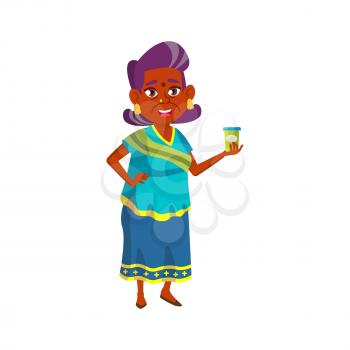 elderly indian woman offering tea cup to friend cartoon vector. elderly indian woman offering tea cup to friend character. isolated flat cartoon illustration