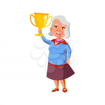 old woman holding award won in competition cartoon vector. old woman holding award won in competition character. isolated flat cartoon illustration