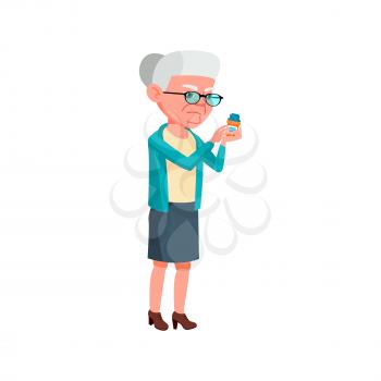 mature lady reading pills content cartoon vector. mature lady reading pills content character. isolated flat cartoon illustration