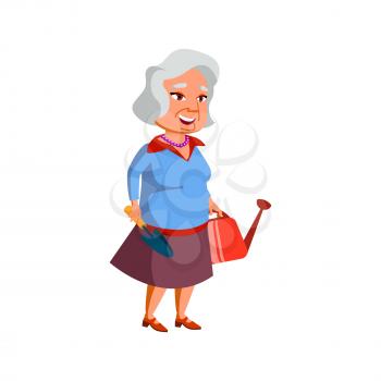 aged woman gardener with watering can and shovel in garden cartoon vector. aged woman gardener with watering can and shovel in garden character. isolated flat cartoon illustration