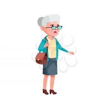 retired woman shocked from high medicine prices at pharmacy cartoon vector. retired woman shocked from high medicine prices at pharmacy character. isolated flat cartoon illustration