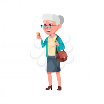happy old woman make payment with bank credit card in pharmacy cartoon vector. happy old woman make payment with bank credit card in pharmacy character. isolated flat cartoon illustration