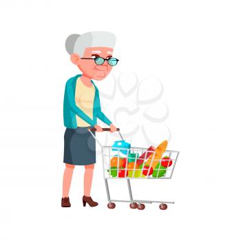 elderly lady go grocery shopping with cart cartoon vector. elderly lady go grocery shopping with cart character. isolated flat cartoon illustration