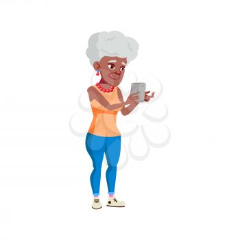 smiling old lady searching medicaments information on tablet cartoon vector. smiling old lady searching medicaments information on tablet character. isolated flat cartoon illustration