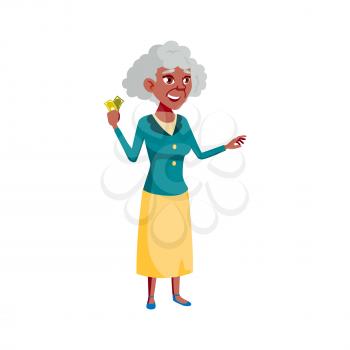 old woman with money banknotes buying goods on market cartoon vector. old woman with money banknotes buying goods on market character. isolated flat cartoon illustration