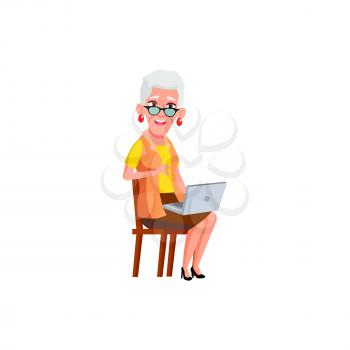 old lady using laptop in living room cartoon vector. old lady using laptop in living room character. isolated flat cartoon illustration