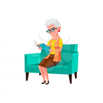 old woman sitting on sofa and reading book cartoon vector. old woman sitting on sofa and reading book character. isolated flat cartoon illustration