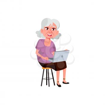 old lady working on laptop in office cartoon vector. old lady working on laptop in office character. isolated flat cartoon illustration