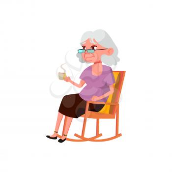 elderly woman sitting in rocking chair and drinking tea cartoon vector. elderly woman sitting in rocking chair and drinking tea character. isolated flat cartoon illustration