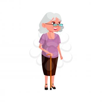 aged woman with stick walking on town street cartoon vector. aged woman with stick walking on town street character. isolated flat cartoon illustration