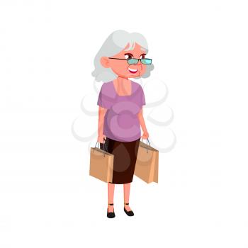 mature age woman buying products on market place cartoon vector. mature age woman buying products on market place character. isolated flat cartoon illustration