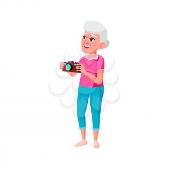 old woman photographing high tree in forest cartoon vector. old woman photographing high tree in forest character. isolated flat cartoon illustration