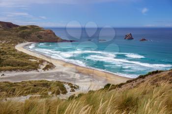 Scenic view of the unspoilt coastline at Sandfly Bay