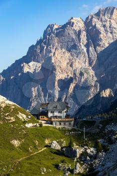 CORVARA, SOUTH TYROL/ITALY - AUGUST 8 :   View of an isolated building near Corvara, South Tyrol, Italy on August 8, 2020. Unidentified people