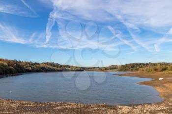 View of Ardingly reservoir in Sussex in autmn with low water reserves