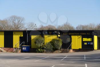 EAST GRINSTEAD,  WEST SUSSEX, UK - MARCH 22 : View of the football club stadium in East Grinstead, West Sussex on March 22, 2021