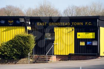 EAST GRINSTEAD,  WEST SUSSEX, UK - MARCH 22 : View of the football club stadium in East Grinstead, West Sussex on March 22, 2021