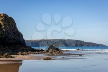 View of a derserted Broad Haven beach in Pembrokeshire