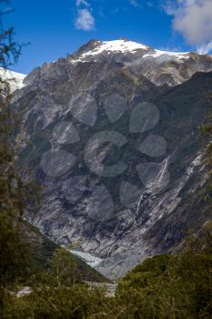 Distant view of the Franz Joseph Glacier in New Zealand