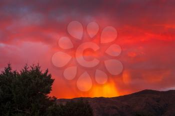 Fiery sunset at Wanaka in New Zealand