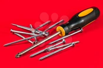 Screw driver and screws against a red background
