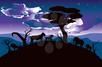 Colorful night scene, african landscape with silhouette of trees and lions.