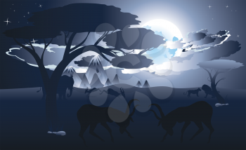 Colorful night scene, african landscape with silhouette of trees and antelopes.