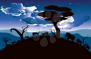 Colorful night scene, african landscape with silhouette of trees and antelopes.