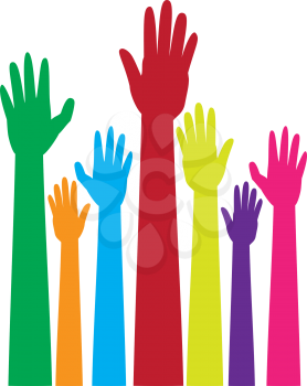 Cartoon colorful raised hands, volunteer, voting concept.