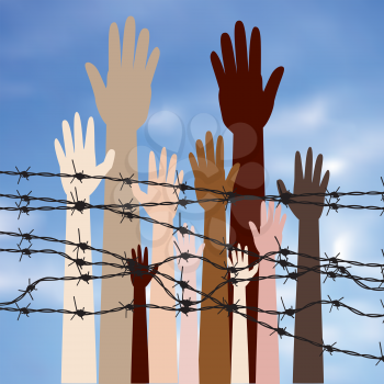 Diversity hand silhouettes behind barbed wire against blurry sky background.