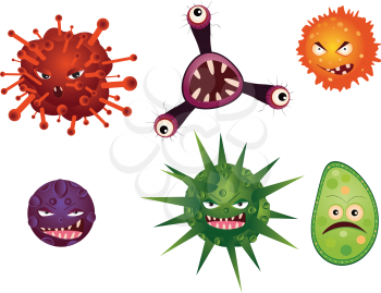 Set of different cartoon microbes and viruses.