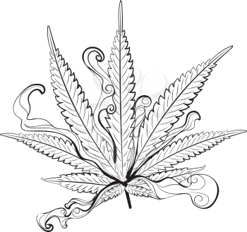 Decorative leaf of marijuana plant in black and white design.