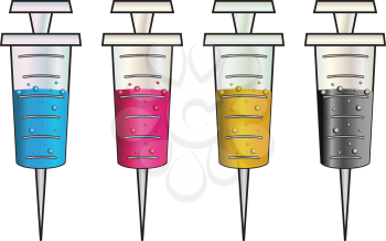 Set of cartoon syringes filled with colorful liquids, CMYK.