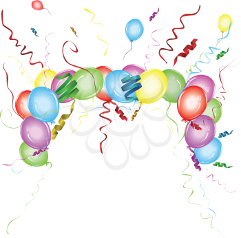 Bright bunch of colorful balloons and ribbons on white background.
