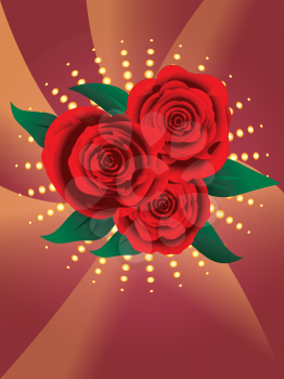 Greeting card with red roses on abstract background.