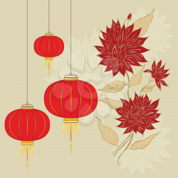 Decorative oriental Asian paper lantern with flower ornament.