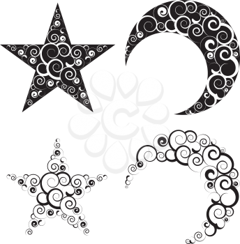 Decorative crescent moon and star made with swirls.